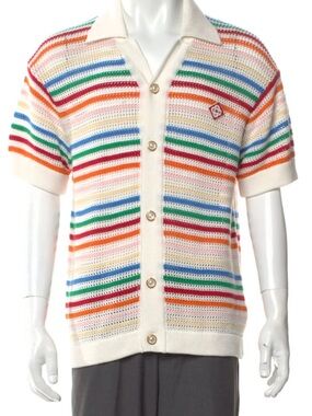 Men's Casablanca Cream Short-Sleeve Striped Crochet Cardigan Sweater